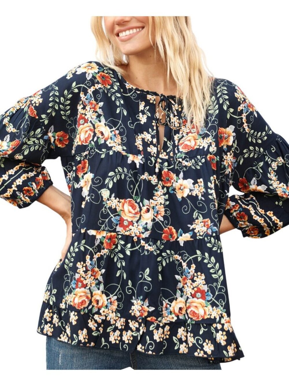 NWT Bila Womens Woven Split Neck Three-Quarter Sleeve Top WY815 Navy Blue L